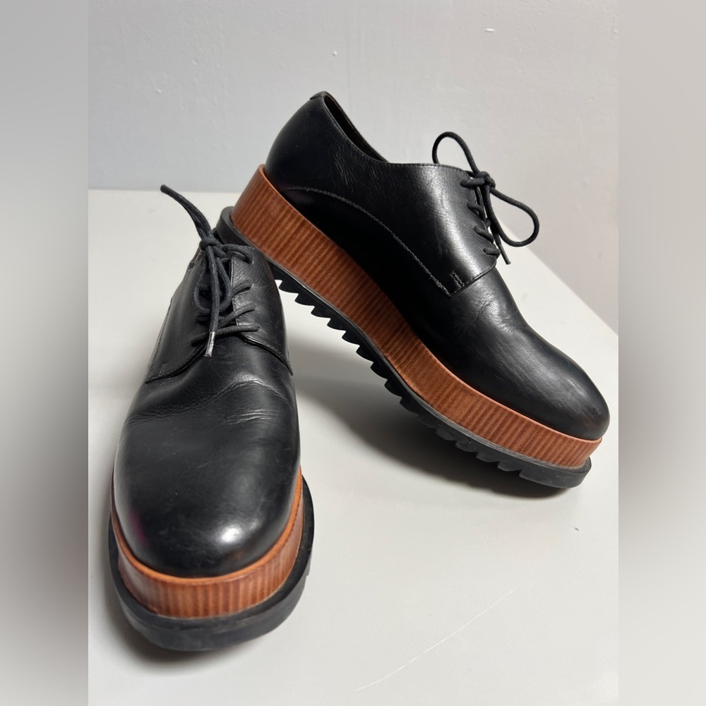 Black Platform Lace-Up Women's Shoe with Brown Trim